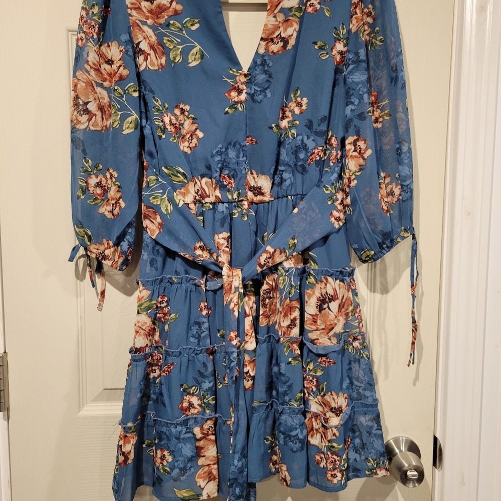 Speechless Juniors Blue Floral Tiered Skater Dress - NEEDS REPAIR Small - Picture 4 of 7